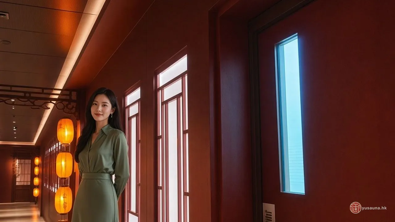 유 사우나의 짙은 붉은 복도, 벽의 격자창이 하얗게 빛나고 왼쪽 끝에 등롱이 줄지어 켜져 있다