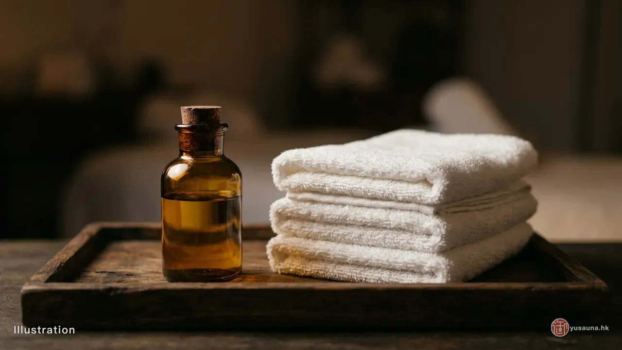 A small amber bottle of oil and a stack of folded white towels on a dark wooden tray, in low warm light